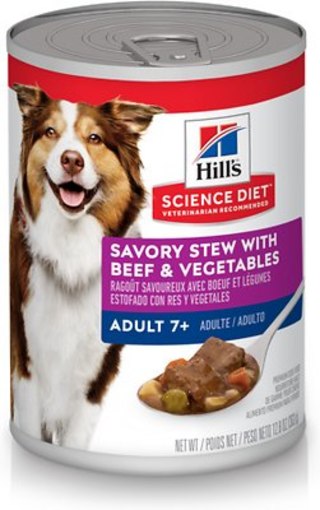 Hill&#039;s Science Diet Adult 7+ Savory Stew with Beef &amp; Vegetables Canned Dog Food, 12.8-oz, case of 12