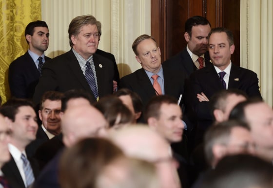 Image: Bannon, Spicer and Priebus attend an event at the White House