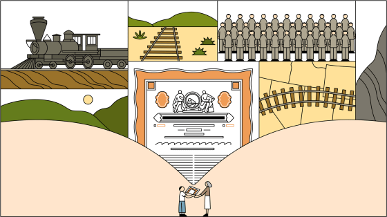 Illustration of family members holding up a book that shows the history of their family.