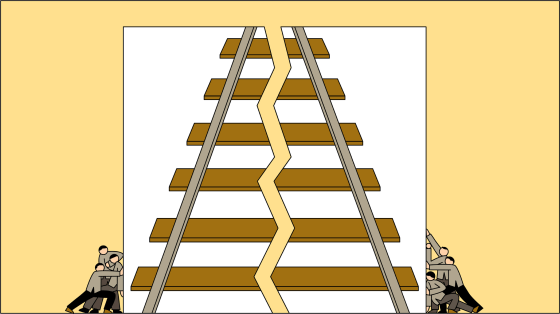 Illustration of railroad workers pushing together an image of a broken railway.