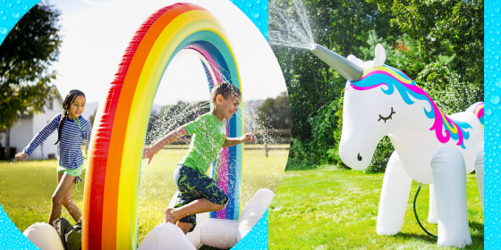 Water sprinklers for kids have come a long way. You no longer need to set up the regular backyard sprinkler that waters your yard — you can now set one up that’s in the shape of a unicorn, dinosaur, rainbow or other bright and fun shape.
