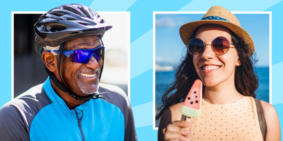 Men wearing bike helmet and sports sunglasses and woman wearing sunglasses on beach eating watermelon popsicle. These are the best men's sunglasses and women's sunglasses in 2020, including polarized sunglasses and more from Ray-Ban, Oakley, Adidas and mo