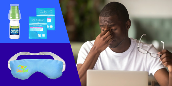 Man sitting at desk with laptop rubbing tired dry eyes. Shop products recommended by eye doctors and experts to relieve dry eyes from retailers like Amazon, Walmart, Rite Aid, and more.