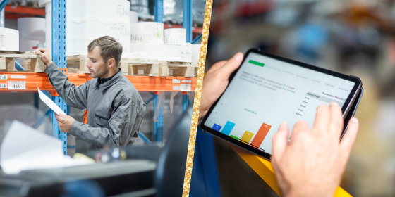A man looking at inventory and an iPad with bar graph data