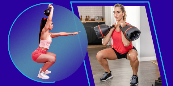 Illustration of a girl lifting a kettlebell and a woman lifting Bowflex kettlebell