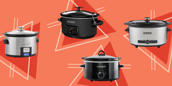 Illustration of a KitchenAid 6-Quart Slow Cooker with Glass Lid, Cuisinart 3.5 Quart Programmable Slow Cooker, Black + Decker 7-Quart Locking Lid Digital Slow Cooker and a Crock-Pot 4-Quart Classic Slow Cooker in Black