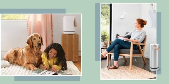 Illustration of a woman relaxing with her Molekule Air and a girl and her dog playing with a Molekule Air Mini+ on the table, Molekule's air purifiers are now on sale, and here's where you can take advantage of these great deals.