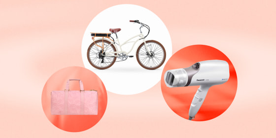 Illustration shows a bike, a duffle bag and a hair dryer in peach and orange circles. Coronavirus shopping. Best new products of February 2021 include PopSocket, Panasonic, Simple Human, Stoney Clover Lane, Osprey, Jinx dog food, electric bikes and more.