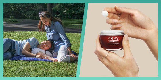 Illustration of Kala Herh and her mom wearing the olay regenerist cream and a bottle of the olay regenerist cream
