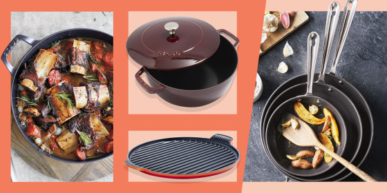 Illustration of the Le Creuset 12.5-Inch Bistro Grill, image of the All-Clad Nonstick Set of 3 Skillets, Staub Heritage 3.5-Quart All-Day Pan with food in it and the Staub 3.5-Quart Essential Oven
