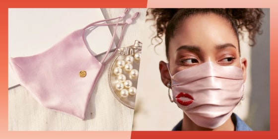 Illustration of a pink Claire & Clara Washable Silk Face Mask laying flat and a Woman wearing a Slip Double-Sided Silk Face Covering with a red mouth on it. Best silk masks in 2021.