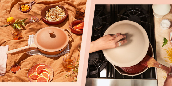 Illustration of two lifestyle images, featuring the Our Place Pan. The Always Pan doesn't often go on sale, so you might want to grab one while it's $30 off.
