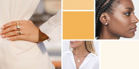 Illustration of a Woman wearing a stack of Aurate Diamond Brooklyn Bridge Ring,  Mateo 14k Triangle Pearl Stud Earrings and the California Dreaming Layering Set