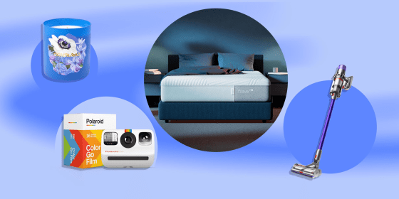 Illustration of the Polaroid Go Camera, Mattress from the Casper cooling collection, Dyson Outsize vacuum and candle from the Otherland launches Garden Party collection