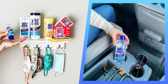 Illustration of a Woman using WetOnes products and a WetOnes hand sanitizer in a car