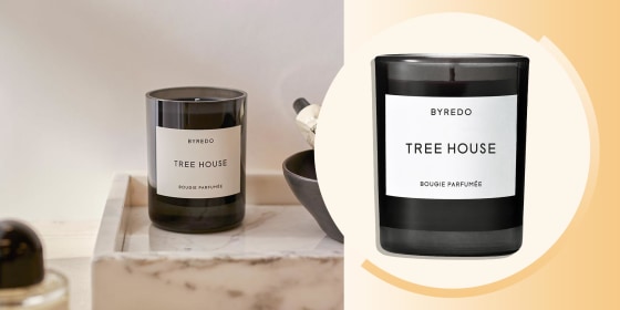 Image of the Byredo Tree House candle and a lifestyle image of the candle in a bathroom. Everything you need to know about the Bryedo Tree House candle. Shop the scented candle and alternatives to help make your space more relaxing.