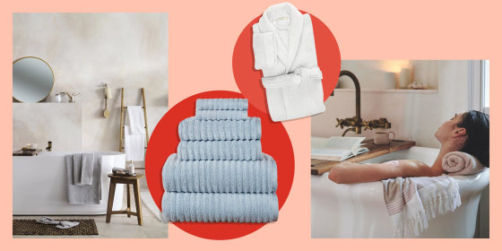 Illustration of a bathroom filled with Haven line bathroom products from Bed Bath and Beyond, the Haven Waffle Towel, and a set of blue Haven bath towels. Bed Bath & Beyond's new Haven collection features a line of spa-inspired products for your bathroom