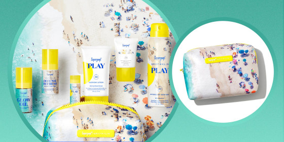 Illustration of the new Supergoop x Gray Malin collaboration of products. Shop the new Supergoop and Gray Malin Everyday Getaway Kit. Discover Mother's Day gift ideas from Supergoop including sunscreen, glow oil and more.