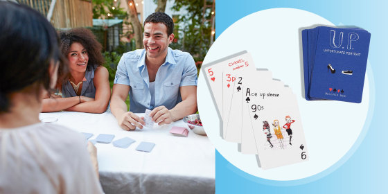 Illustration of Friends playing card game at garden party and Unfortunate Portrait(TM) Fashion Playing Cards