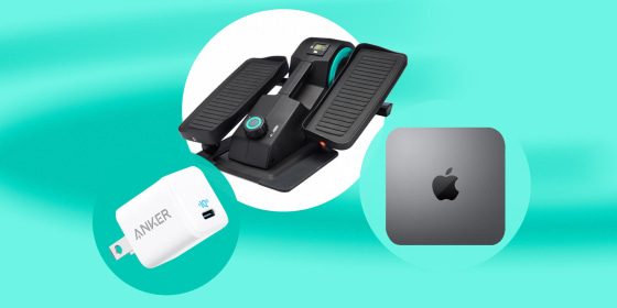 Illustration of three different product on sale. Apple Mini, Anker Nano Charger and the Cubii Jr. Elliptical Machine Turquoise