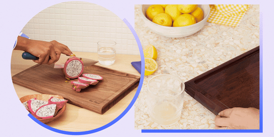 Illustration of a GIF of a woman pouring lemon juice from a cutting board, and a woman cutting dragon fruit. Our Place's first line of knives and cutting board is here. Shop the new cutting board and three knives including a serrated, paring and chef's kn