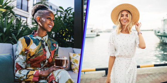 Split image of a Woman sitting on couch in garden drinking black coffee and a Woman wearing a sun hat and white dress