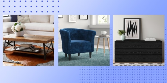 Illustration of 3 different room setups with Wayfair furniture