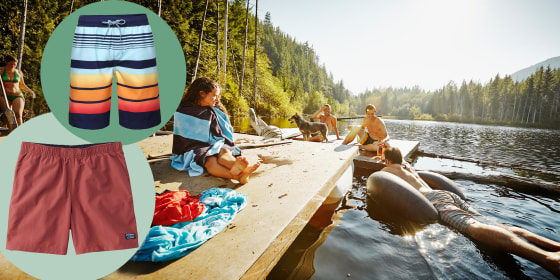 Group of friends hanging out on floating dock and two pairs of swim trunks for men. These are the best men's swim trunks that are affordable in 2021. Shop swim trunks including Speedo, Sonoma, and Goodfellow from Target, Kohl's and more.