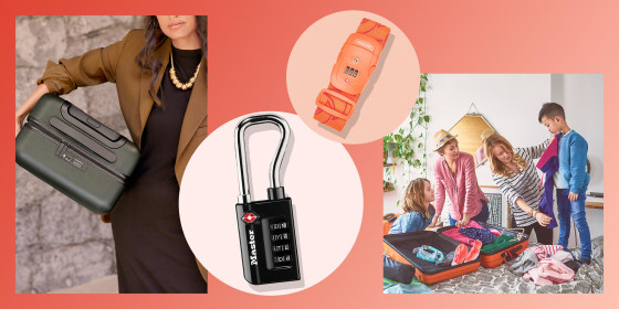 Illustration of a Woman holding an Away suitcase with a lock, a family packing a suitcase and two different types of luggage locks