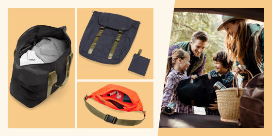 Illustration of the new Away packable bags and a family packing their trunk for a weekend away