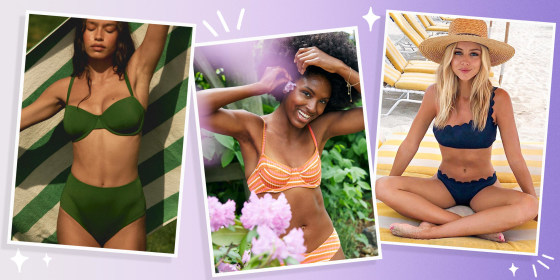 Three Woman wearing different swimsuits. the CUUP The Scoop Bikini Top, Aerie Underwire Bikini Top and the Miss The Past One Shoulder