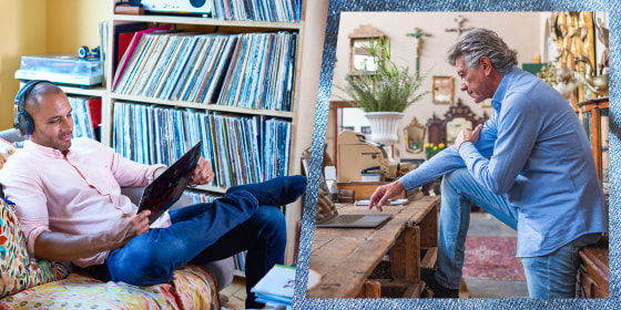 Illustration of a man at a shop wearing jeans and a blue shirt and a man sitting on his couch listening to music, in jeans