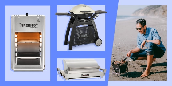 Image of a Northfire Portable InfernoGo Propane Grill, a TEC G-Sport Fr Portable Infrared Gas Grill, a Weber Q 3200 Gas Grill and a man using a grill on the beach. Need the best portable gas grill for a killer summer barbecue? Look no further. Shop top-ra