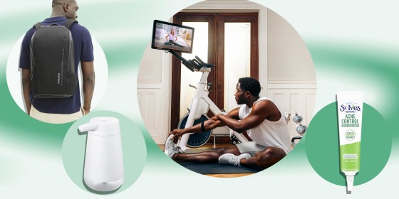 Illustration of the Amazon introduces Smart Soap Dispenser, Man wearing a Troubadour backpack, the St. Ives acne solutions and a lifestyle of the new MYX fitness bike