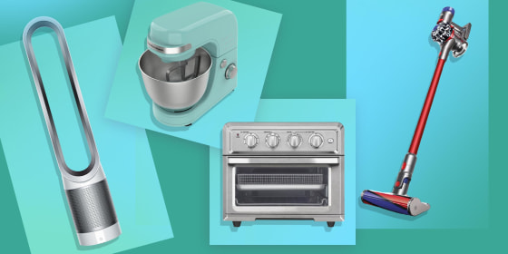 Illustration of the Dyson V8 Fluffy (Red) Vacuum, Hamilton Beach 7-Speed Stand Mixer, Cuisinart TOA-60 Air Fryer Toaster Oven and Dyson Pure Cool TP01 Purifying Fan Tower