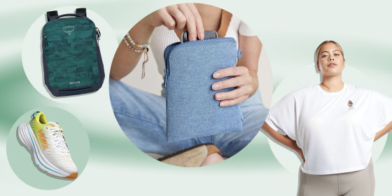 Image of the new HOKA Bondi X sneaker,  Osprey backpack, Woman wearing a t-shirt from the Athelta and Brown Girls Do Ballet collection and a woman holding a Dagne Dover denim bag from the new collection