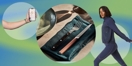 Illustration of Material Table Knives, Woman wearing Outdoor Voices FrostKnit activewear and the Amazon fitness tracker
