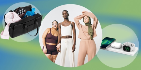 Illustration of three people modeling the new Parade fashion collection, Away Duffle bag with items in it, and Apple Watch Series 7 3 in 1 charging station