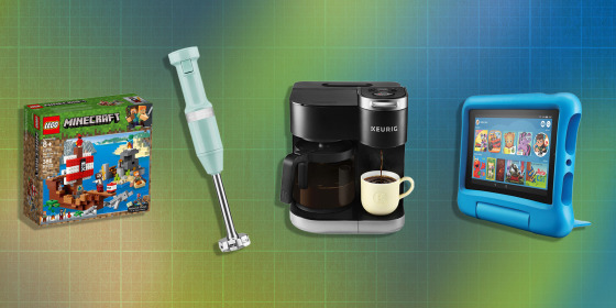 Illustration of the Amazon Fire 7 Kids Edition, KitchenAid Variable Speed Corded Hand Blender and Keurig K-Duo Single-Serve & Carafe Coffee Maker