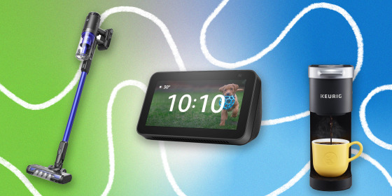 Illustration of Keurig K-Mini Single-Serve K-Cup Pod Coffee Maker, Amazon Echo Show 5, and Anker eufy HomeVac S11 Reach