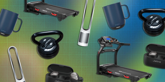 Illustration of Ember 14-Ounce Smart Mug, Dyson Pure Cool TP01 Purifying Fan, Tru Grit 40-pound Adjustable Kettlebell, Jabra Elite 75t In-Ear Headphones and Bowflex BXT6 Treadmill on sale for Best Buy Cyber Monday
