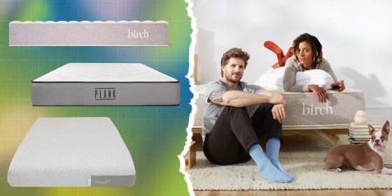 Illustration of a couple laying on their Birch Natural Mattress and the Birch Natural Mattress, Casper Wave Hybrid Mattress, Plank Firm Mattress