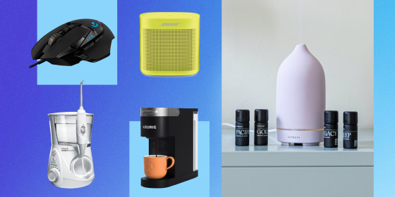 Illustration of a computer mouse, Bose speaker, Keurig, Vitruvi and Waterpik