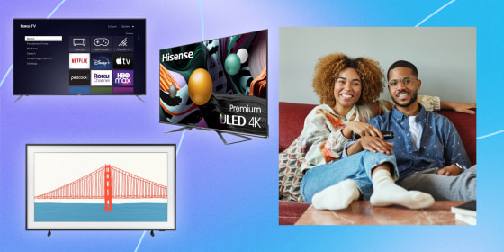 Illustration of a couple watching TV and three different TV's