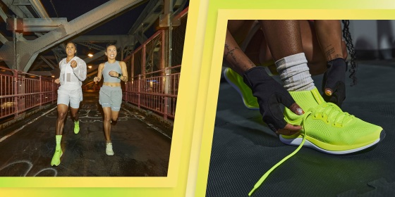 Illustration of two people running and a close up of a neon sneaker