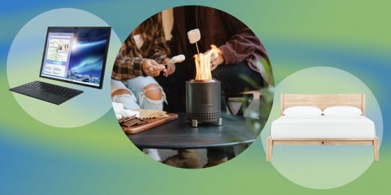 Illustration of the Zenbook 17 Fold OLED, Thuma Headboard and people roasting marshmallows over a mini Solo Stove