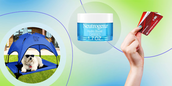Elevated Dog Bed Cot, Neutrogena Hydro Boost Hyaluronic Acid and a hand holding a credit card