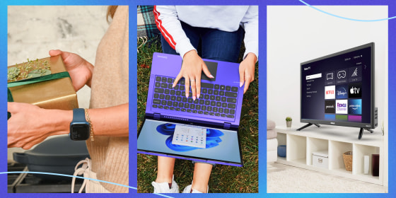 Laptop, Roku TV and an apple watch