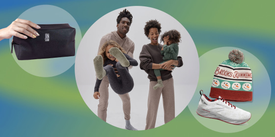 Family wearing Outdoor Voices knit set, festive hat from Brooks, and a manicure nail set from Jin Soon