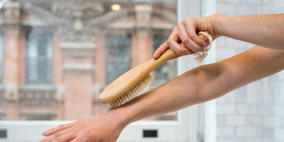 You can use your dry brush to exfoliate the skin, improve circulation and help with lymphatic drainage.